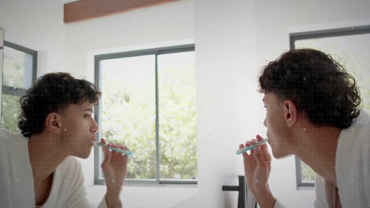 Man placing toothbrush to mouth and brushing, overlay appearing across split panels for health