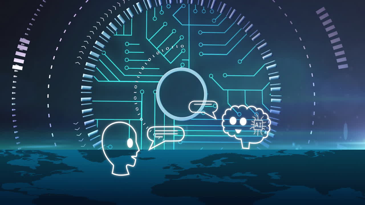 Animation of human head with digital brain and circuit board, showing AI concept