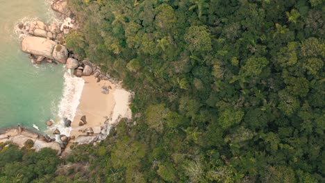 Brazilian-secret-paradise-beach-with-turquoise-color-and-amazon-rainforest-aerial-top-down-view