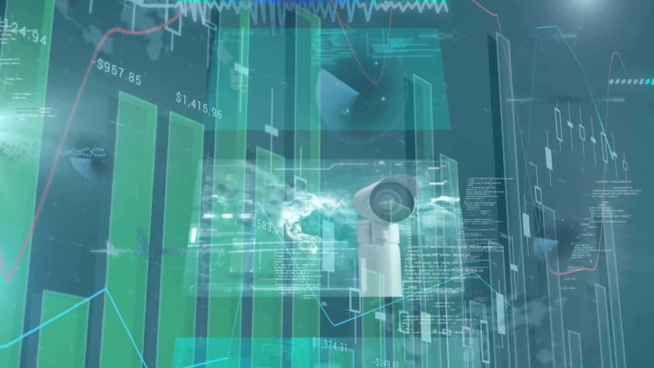 cctv 카메라의 애니메이션, 도시에 대한 통계 및 금융 데이터 처리