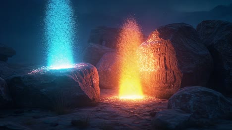 a mystical scene featuring glowing portals emanating vibrant lights from rock formations in a dreamlike landscape filled with magical energy