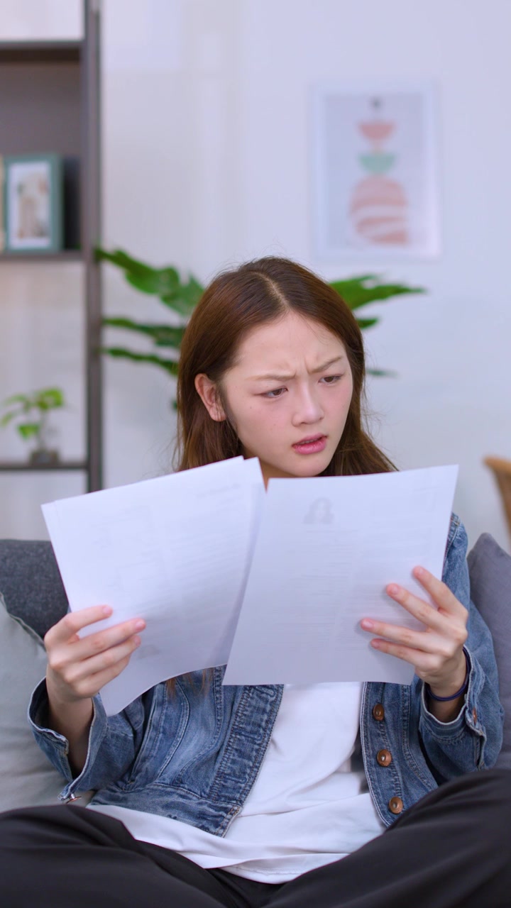 A young Asian woman sits on a sofa, reading paperwork with a confused, frustrated expression