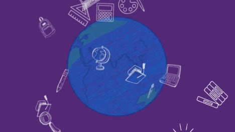 animación de iconos escolares flotando sobre un globo azul y un fondo púrpura