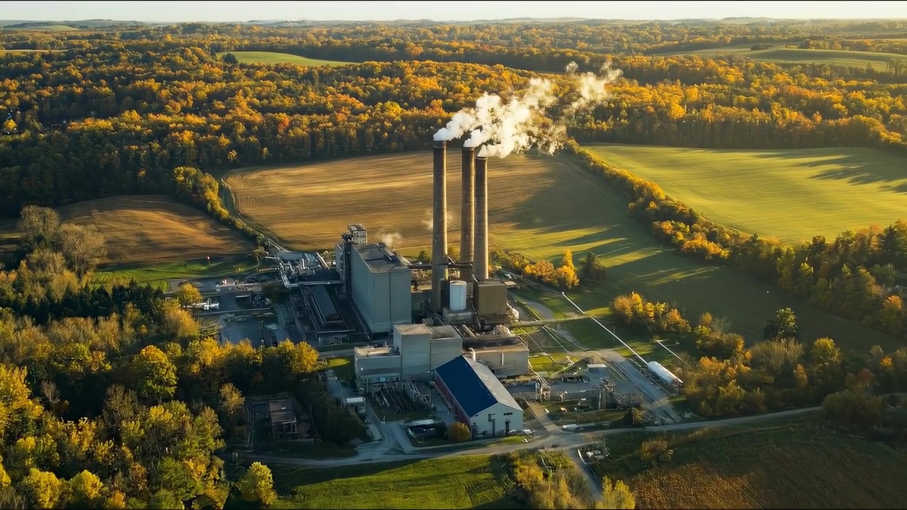 Aerial View of Power Plant Surrounded by Autumn Forest