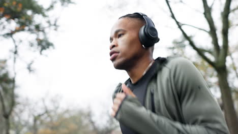 workout, running and music with black man in park