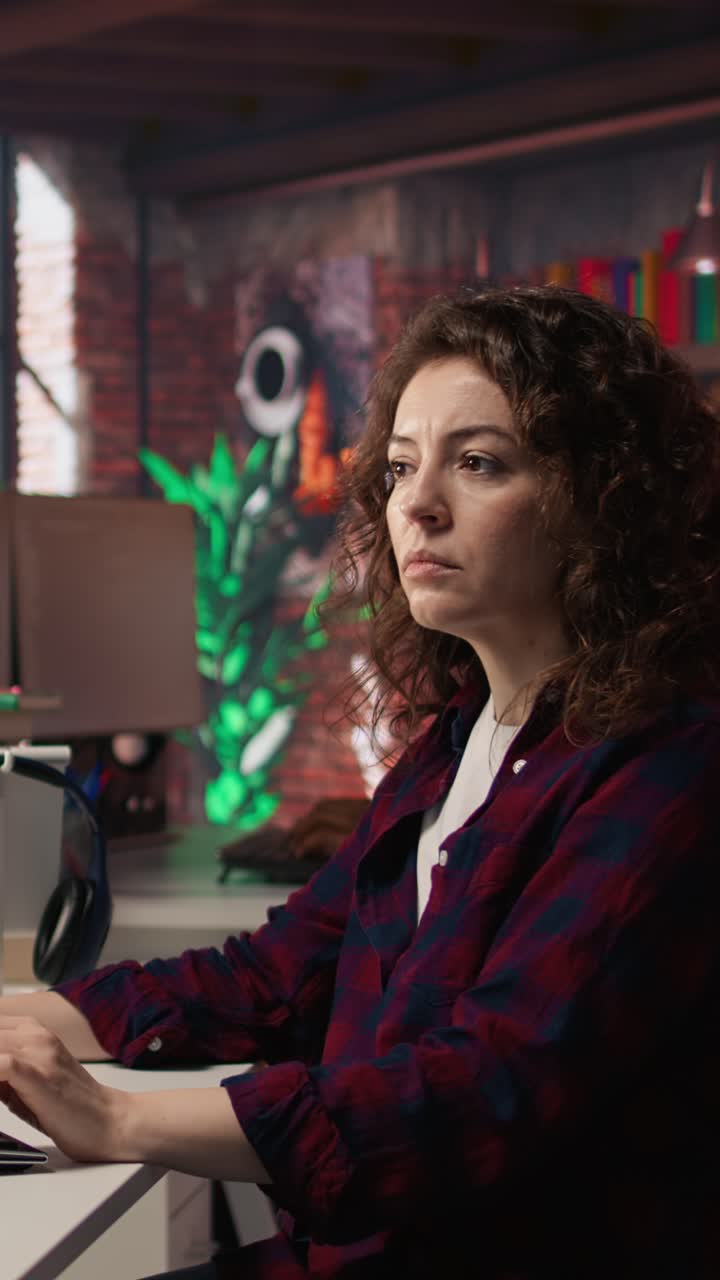 Vertical video Smiling woman using programming languages on PC in IT startup office