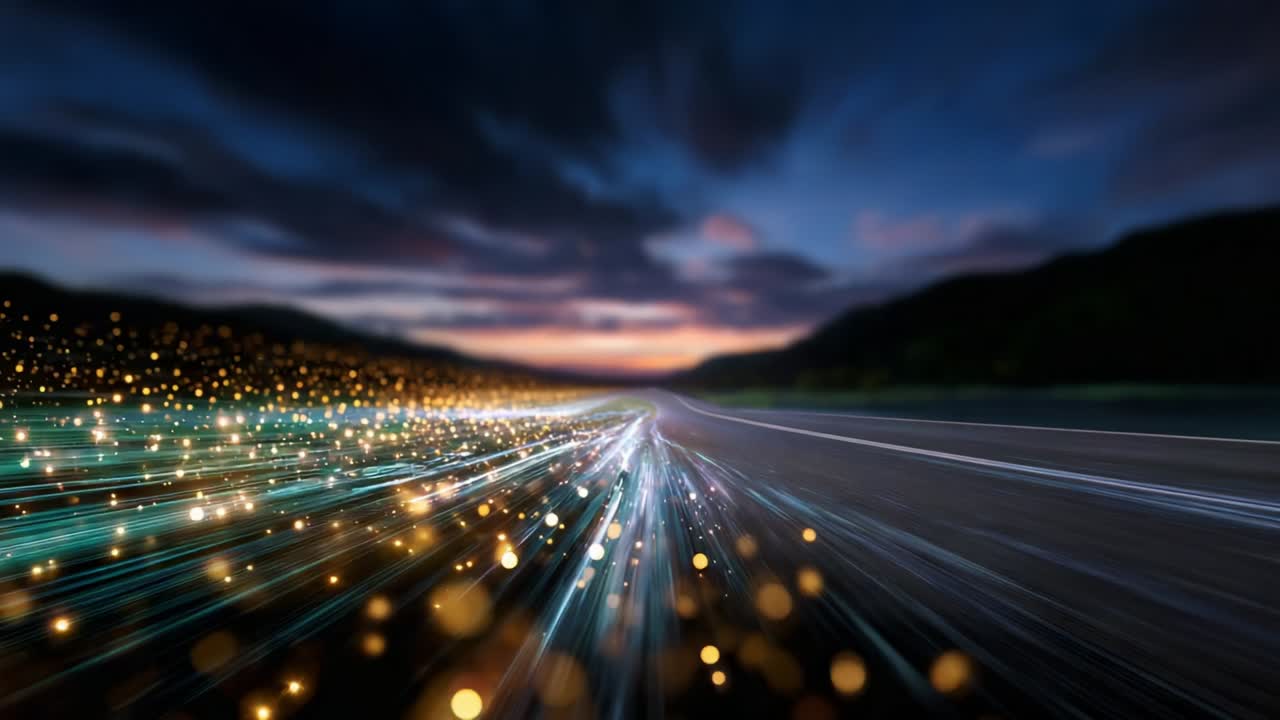 A breathtaking view of a high-speed road illuminated by sparkling lights against a twilight backdrop, capturing the essence of movement and energy, evoking a sense of freedom and adventure in the journey ahead