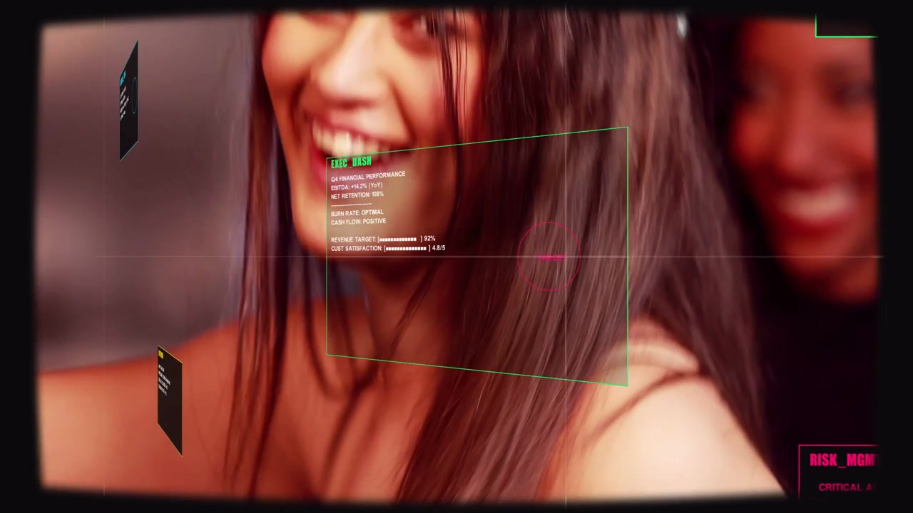 Piccolo gruppo di amici che sorridono in un salotto mentre un uomo si sistema la camicia scura e un reticolo HUD fluttua