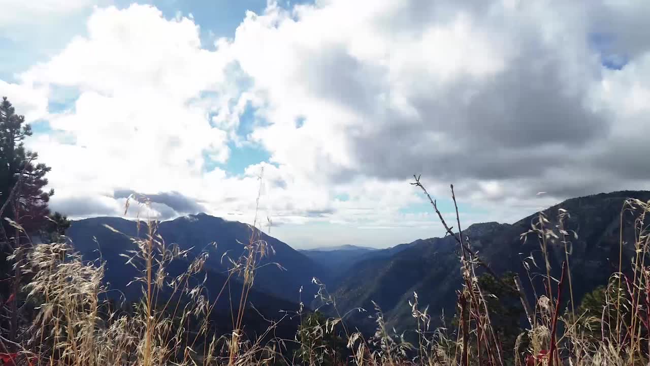 Timelapse sequence with grass in the foreground waving back and forth. Clouds passing through mountain valley