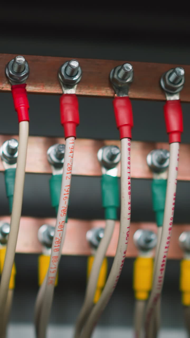 Different color wires connected to copper earthing bars on circuit board closeup. Safe contemporary electrical equipment. Cables screwed to connecting planks