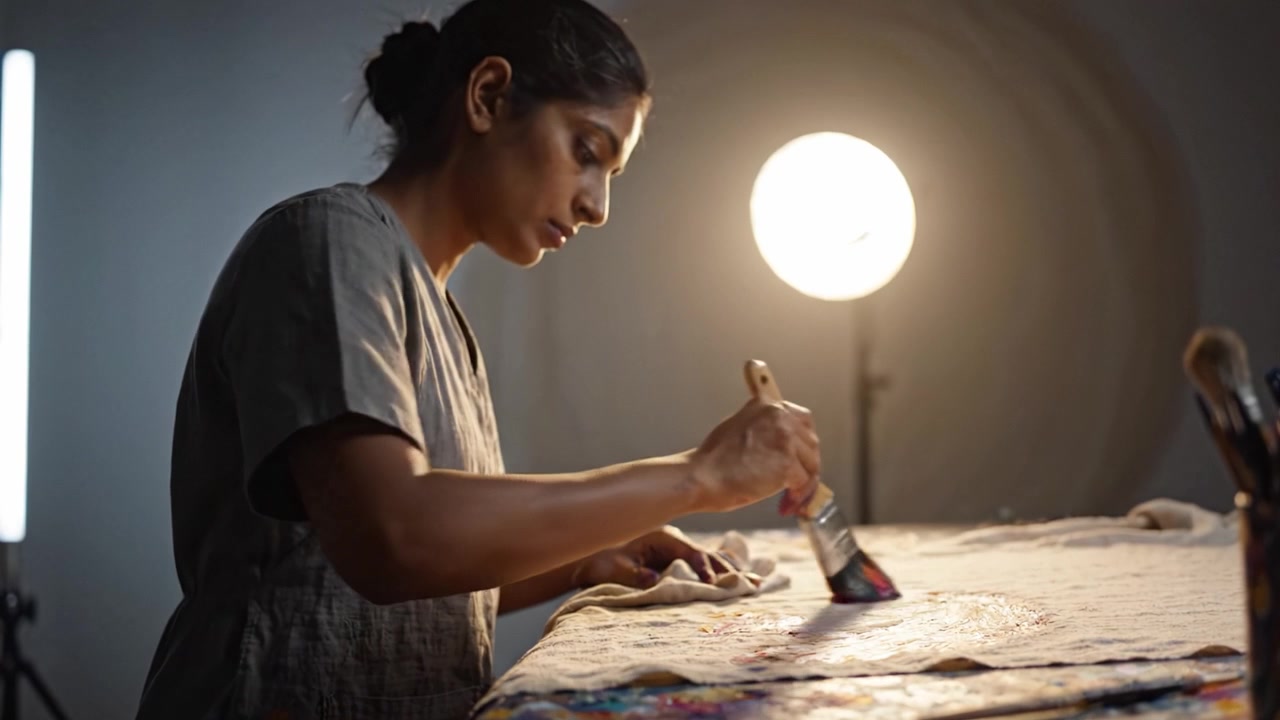 Creative Artist Engaged in Detailed Painting Process, Nurturing Art with Brushes and Colors Under Soft Lighting in Intimate Studio Environment