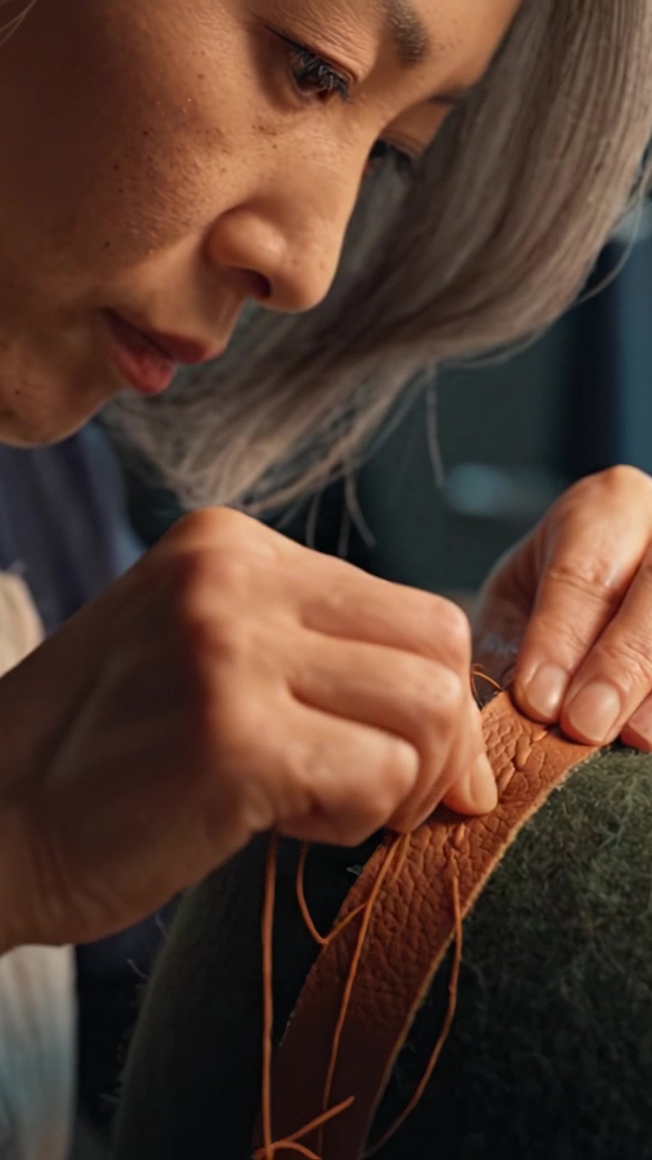 Expert Artisan Skillfully Sewing Leather Trim onto a Handmade Craft, Showcasing Precision and Craftsmanship in the Fine Art of Leatherworking