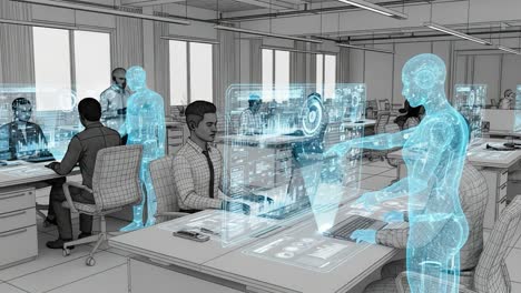 a futuristic workspace where humans and holographic assistants collaborate seamlessly in a high-tech office environment with innovative digital interfaces