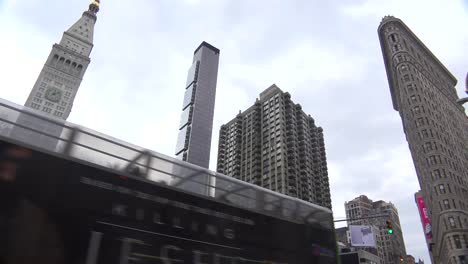 low angle establishing shot of new york's iconic flatiron building