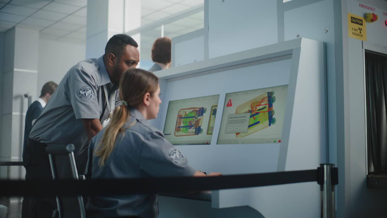 personal de seguridad del aeropuerto inspeccionando el equipaje