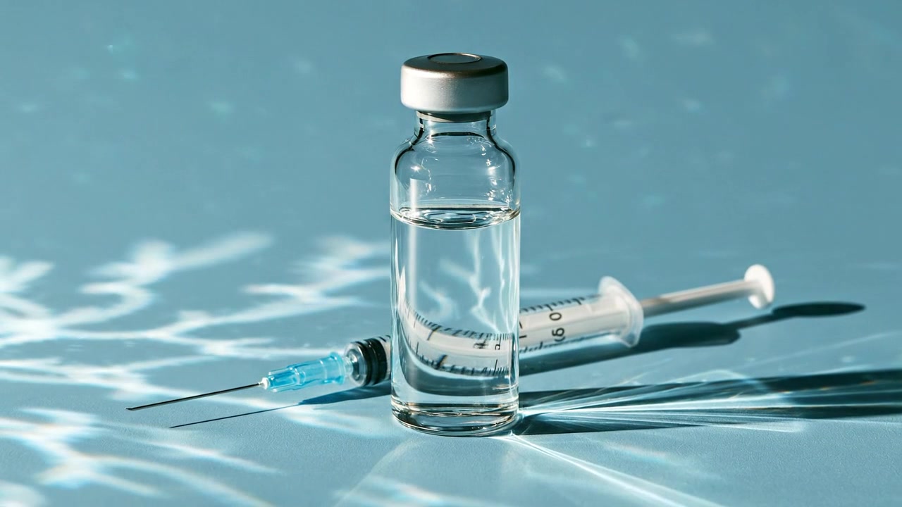 Fiala di medicinale e siringa esposte insieme su una superficie pulita di laboratorio