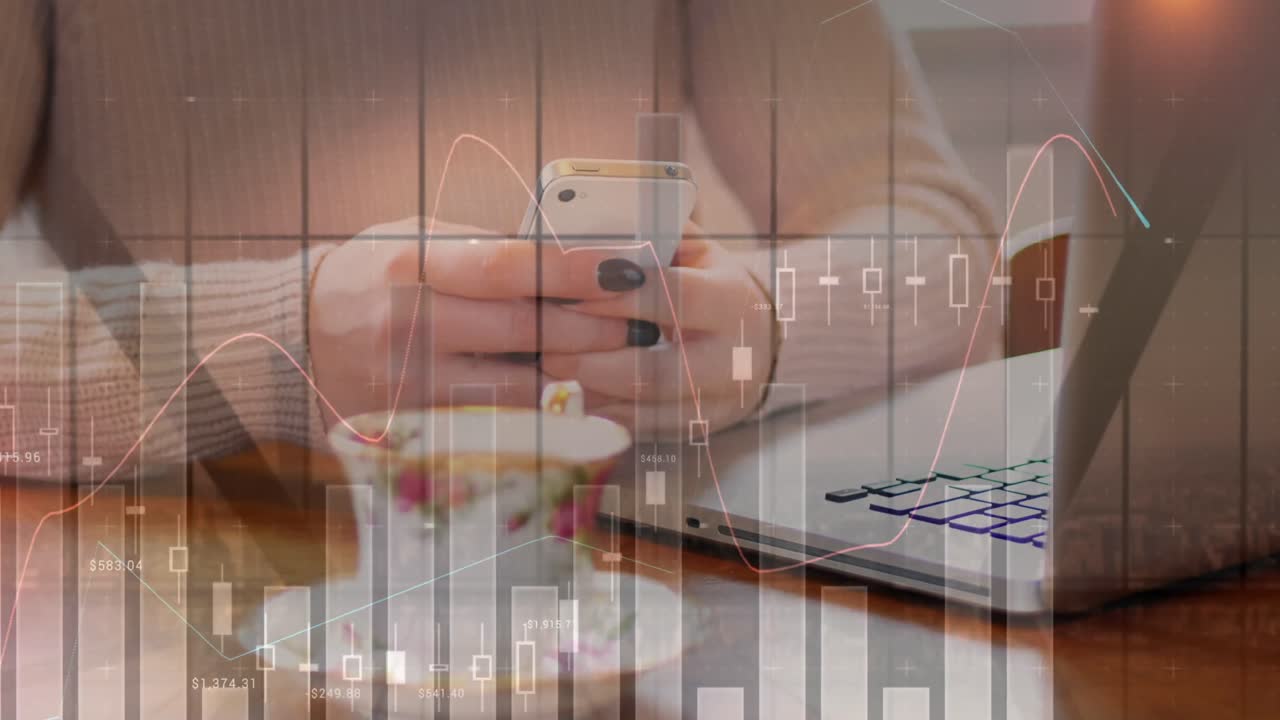 animación de estadísticas y procesamiento de datos sobre mujeres que usan teléfonos inteligentes