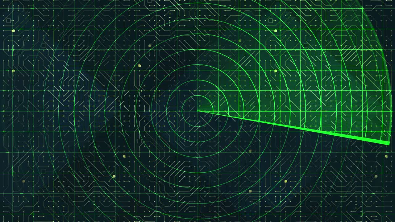 어두운 디지털 회로 기판 배경 그리드에 대해 회전하는 스윕이 있는 녹색 레이더 화면, 추적 시스템 콘셉트, 감시, 사이버 보안, 군사 기술, 내비게이션 시스템