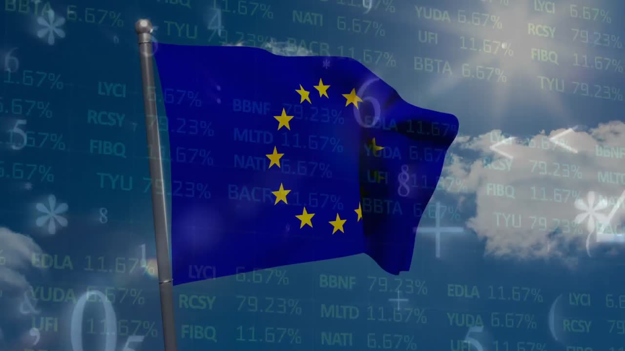 수학적 숫자와 기호의 애니메이션 및 주식 시장 데이터 처리가 eu 발을 흔들고 있습니다.