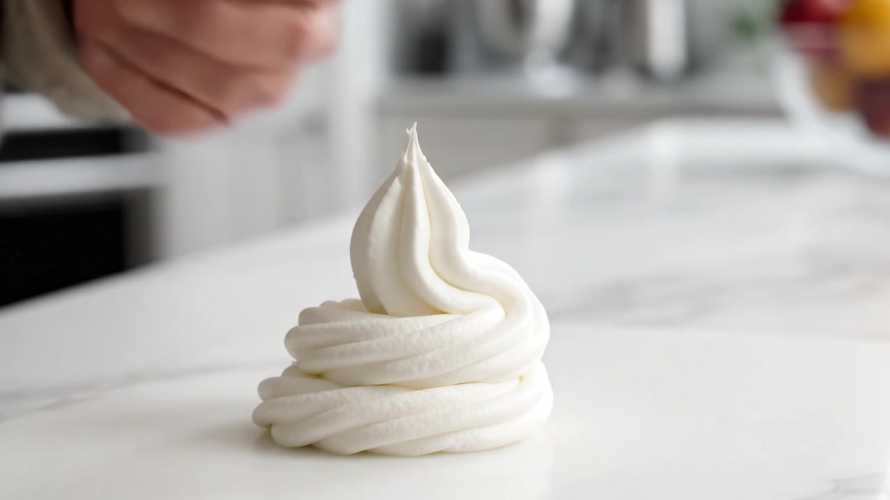 An expert hand gracefully decorates a dessert with cream, showcasing a blend of skill and artistry in creating a beautiful pastry ornament on a pristine countertop.