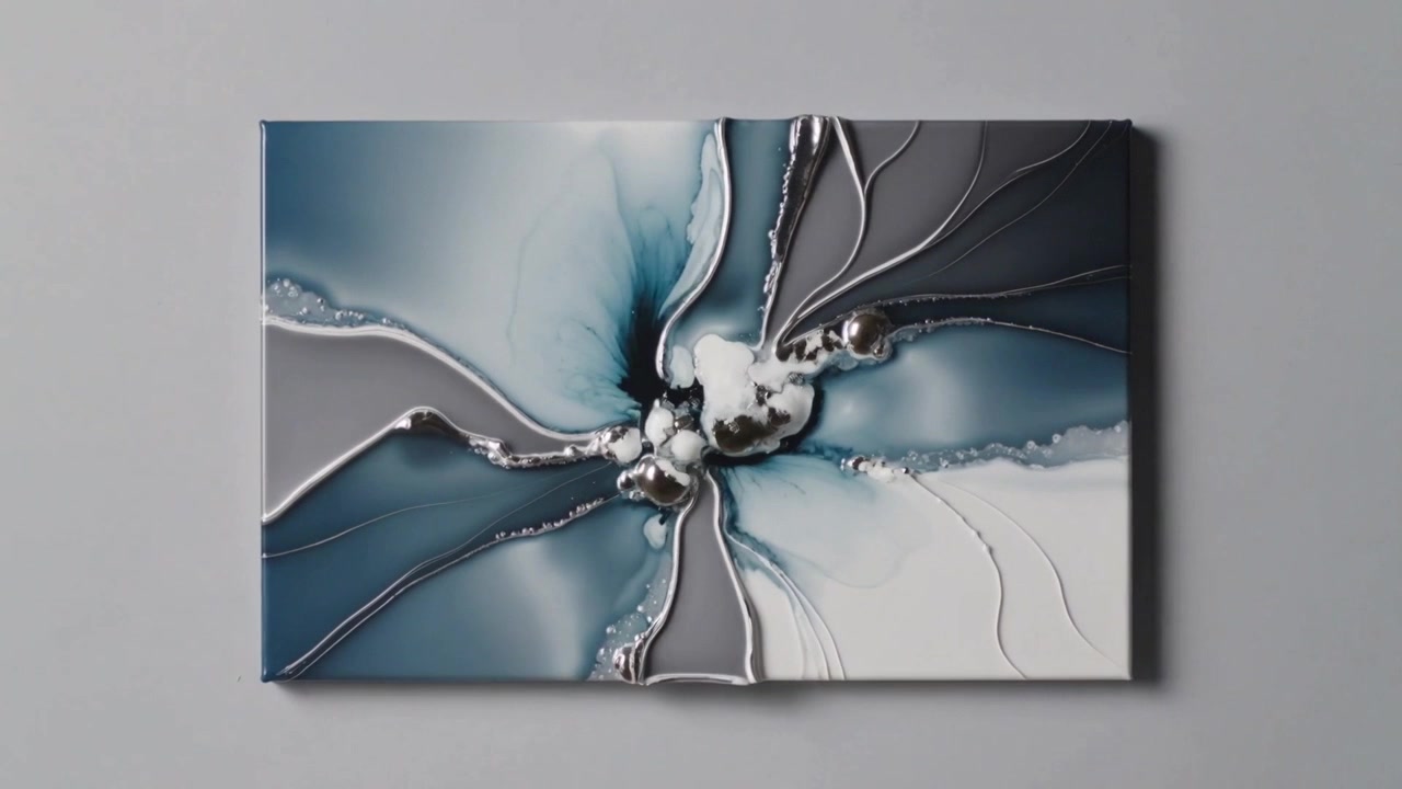 Gerahmte Kunst entsteht an der Studiowand, Metallperlen fließen nach innen, während Pigment in einen glänzenden Kern strömt.