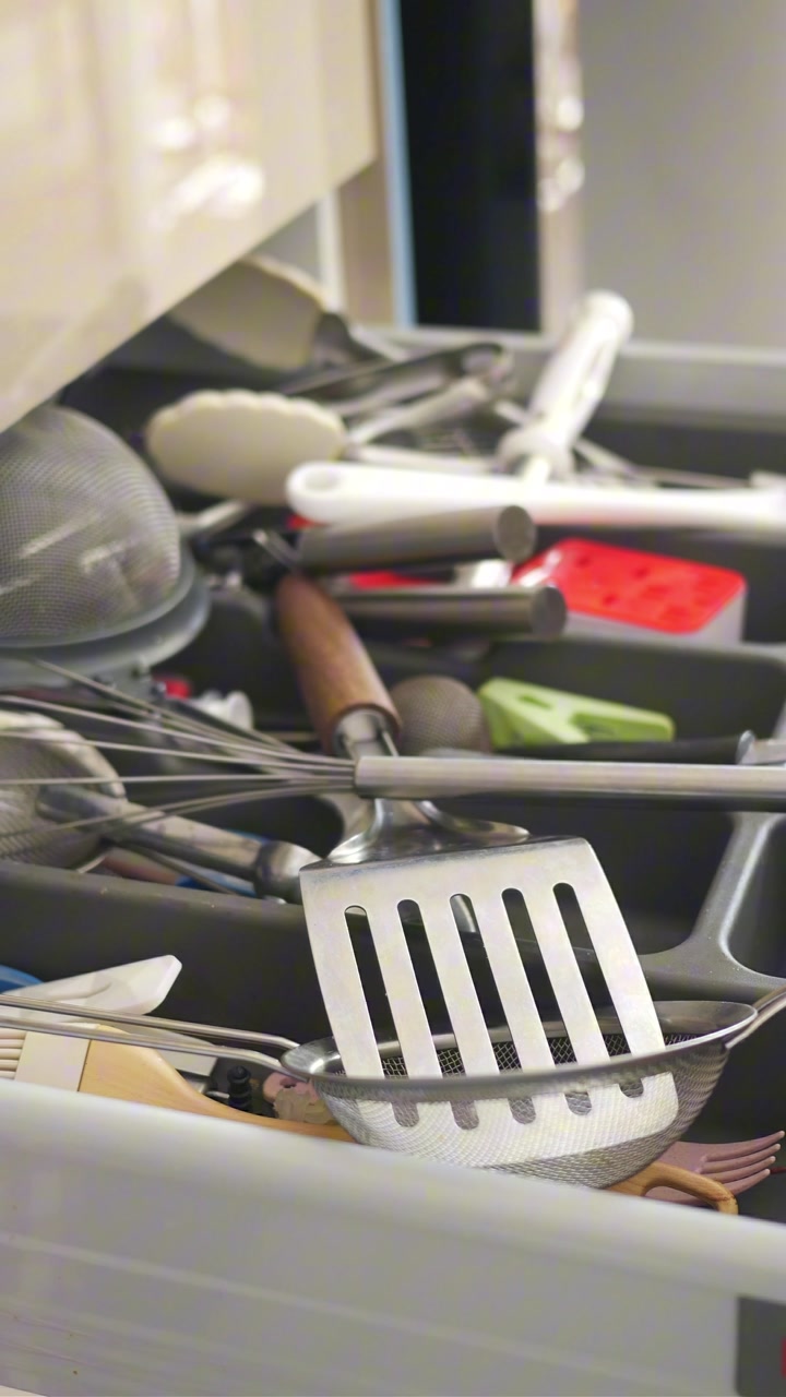 Kitchen Drawer Full of Cooking Utensils Opening and Closing