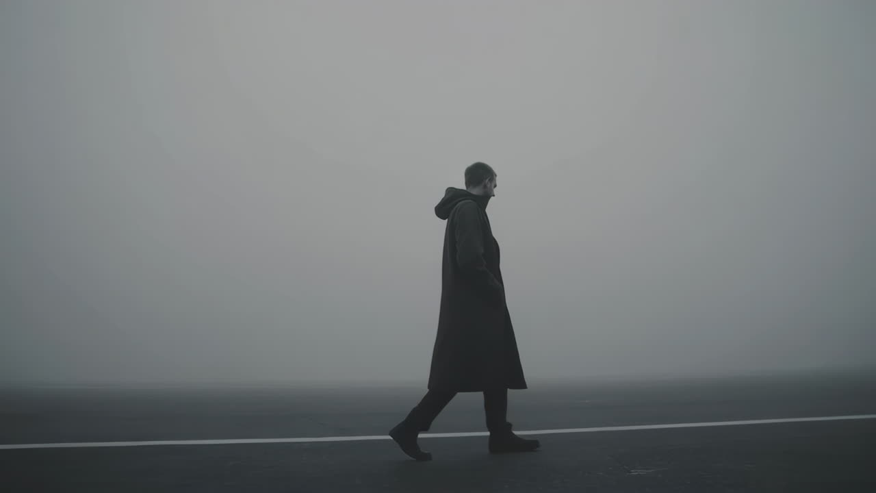 Man walking through dense fog