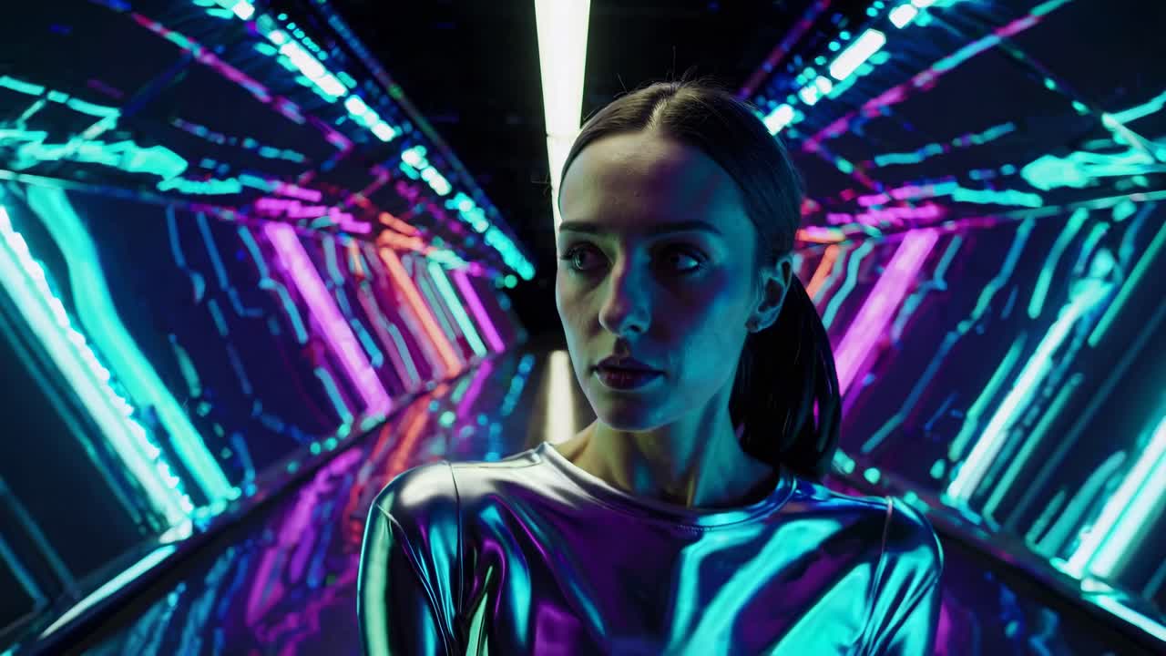 mujer en un túnel de neón futurista