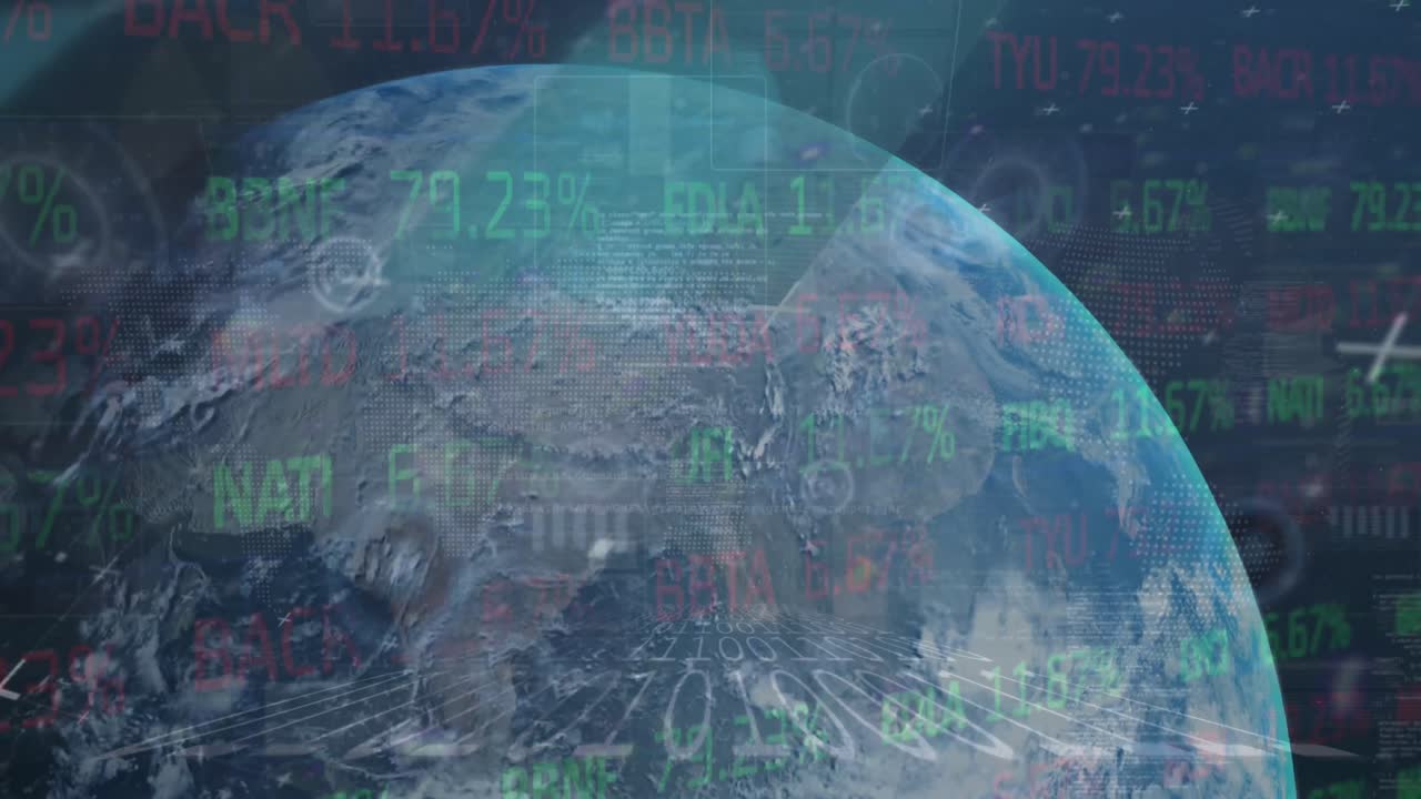 검은색 배경에 지구를 가진 금융 데이터 처리의 애니메이션