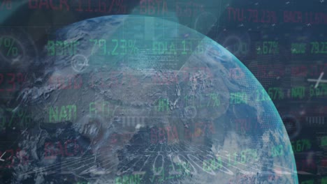 animación del procesamiento de datos financieros con globo terrestre sobre fondo negro.