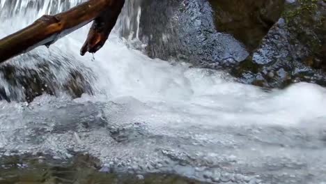 water cascading over moss covered rocks in a mountain stream on a warm spring day