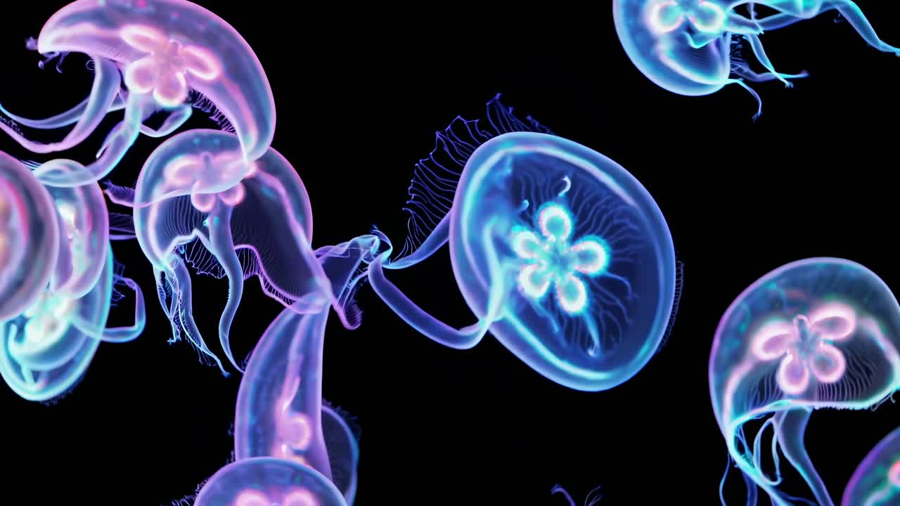 A mesmerizing video still of glowing jellyfish in a dark sea, captured from a top-down angle