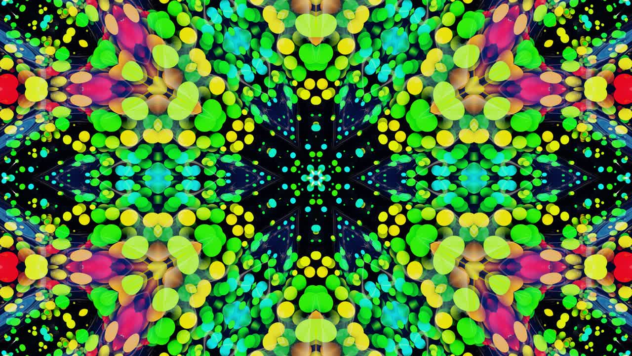 simetría estelar. efecto caleidoscopio de superficie líquida ondulada brillante con círculos distorsionados flotan como gotas de pintura en aceite. fondo creativo con gradiente multicolor en 4k. 3d