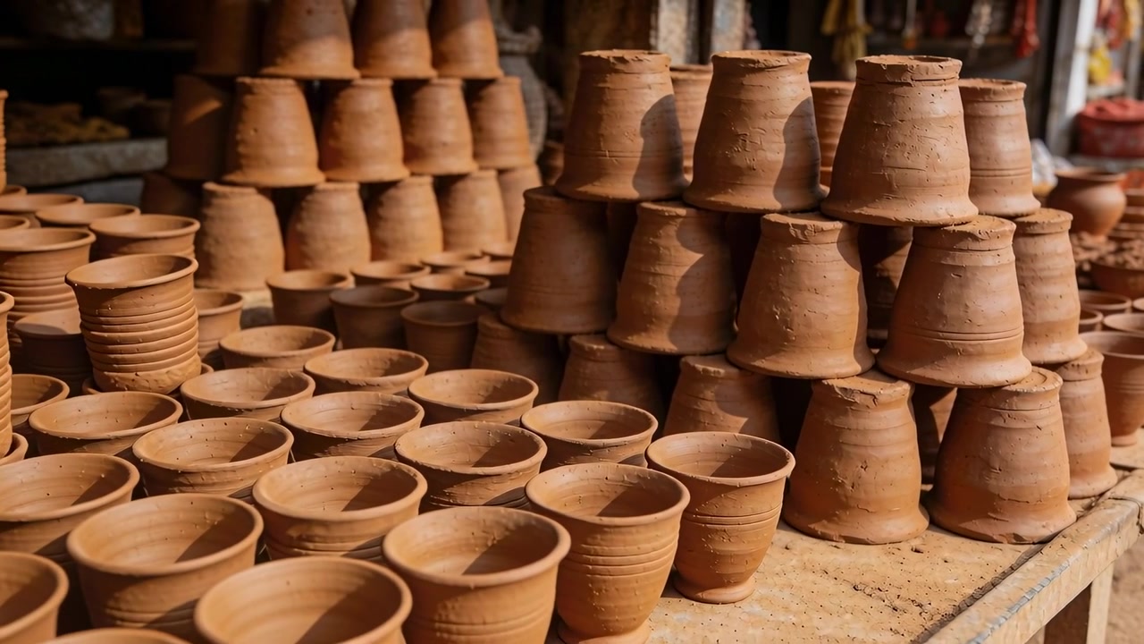 Cámara en movimiento revelando una pirámide de macetas de terracota invertidas en una mesa de puesto de madera, mostrando filas de tazas