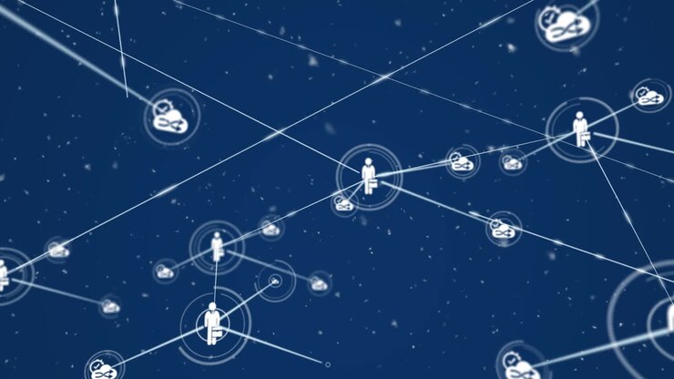 Animation of white particles falling over network of digital icons against blue background