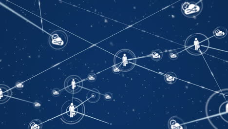 animación de partículas blancas que caen sobre una red de iconos digitales contra un fondo azul