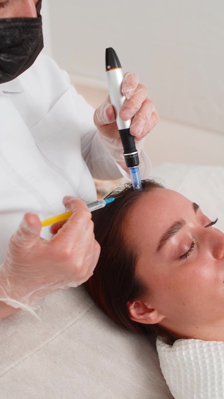 Woman receives microneedling and injections for hair growth scalp therapy in trichology clinic