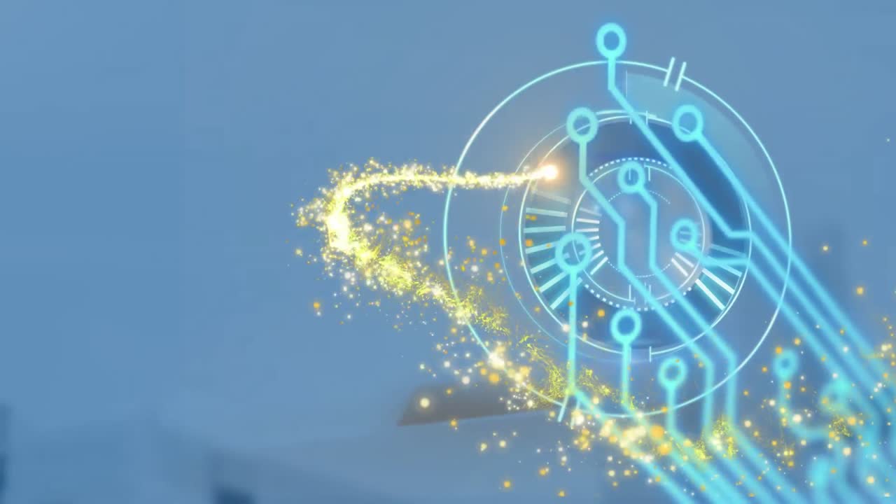 파란색 배경의 별 위에  ⁇ 는 별, 컴퓨터 회로 보드 및 스 ⁇  스캔의 애니메이션