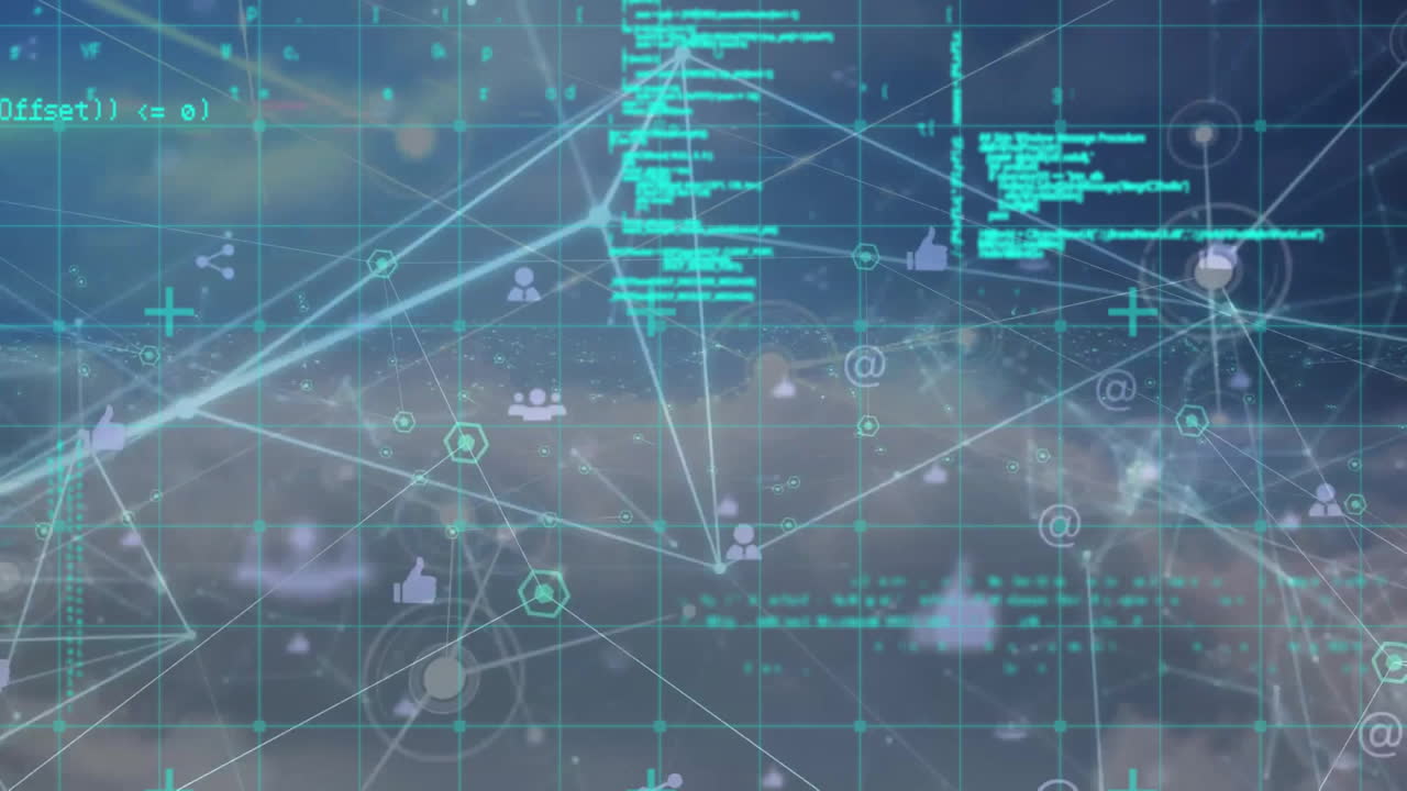 Animation of network of connections with icons and data processing