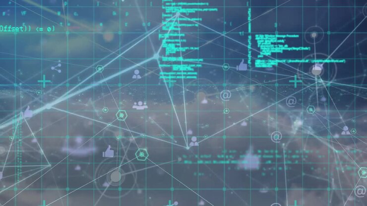 Animation of network of connections with icons and data processing