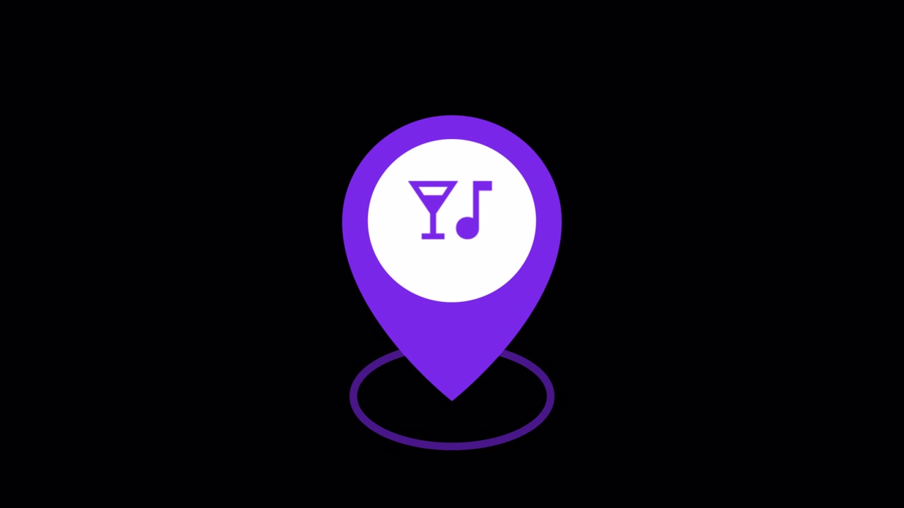 Animated Purple Map Pin Icons with Music and Drink Symbols