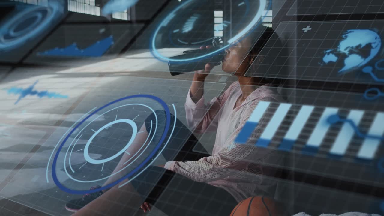 animación de escaneo de alcance y procesamiento de datos sobre afroamericanos en el gimnasio