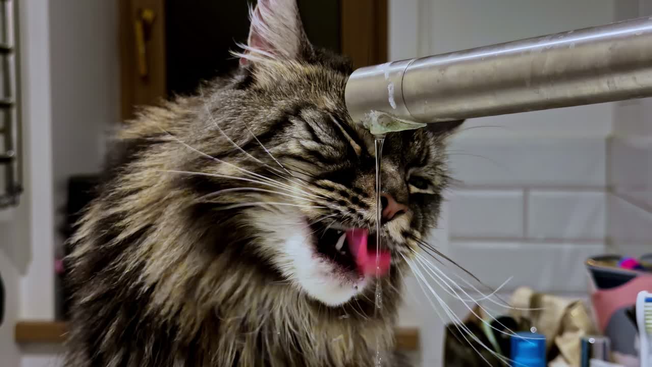 Gato Maine Coon bebendo água corrente da torneira da pia da cozinha em ambiente interno