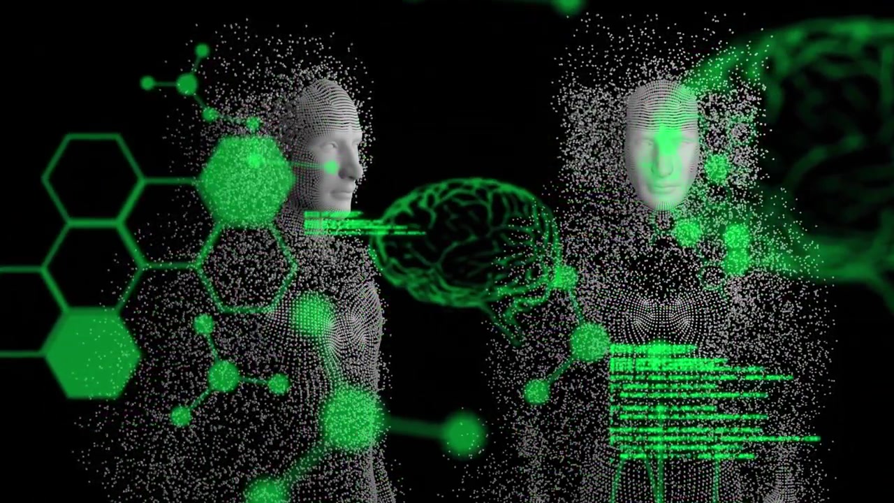 Animazione di elaborazione dati diversificata su modelli umani su sfondo digitale nero
