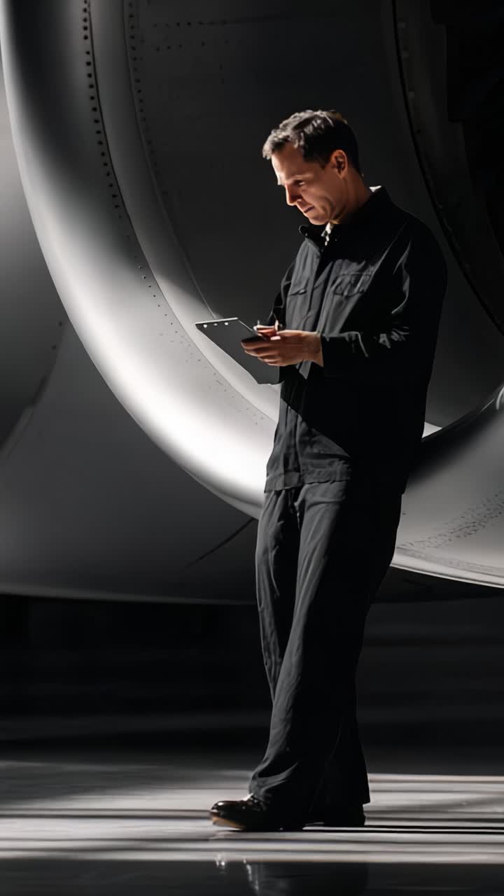 En fokuseret tekniker står ved siden af en jetmotor og tjekker omhyggeligt udstyr på en tablet midt i den lyse, reflekterende overflade på hangar gulvet.