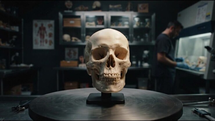 Cranio umano in rotazione esposto in un laboratorio forense
