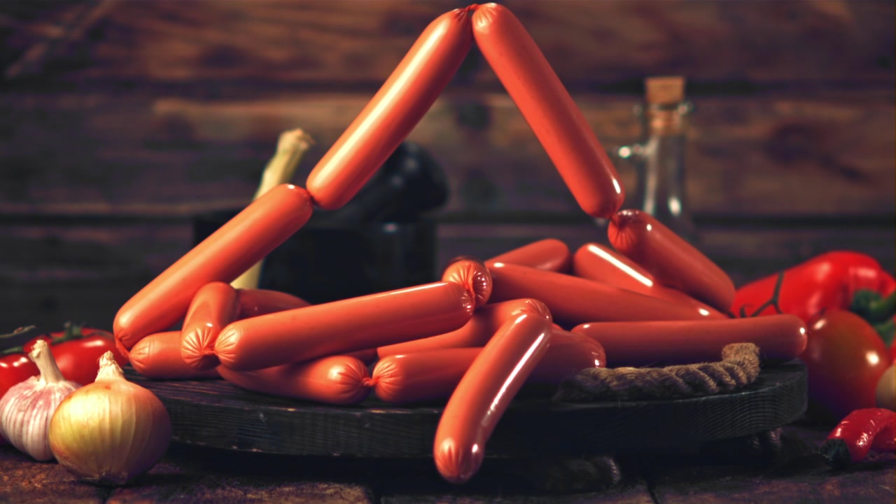 Salsicce crude che cadono su un tagliere di legno al rallentatore.