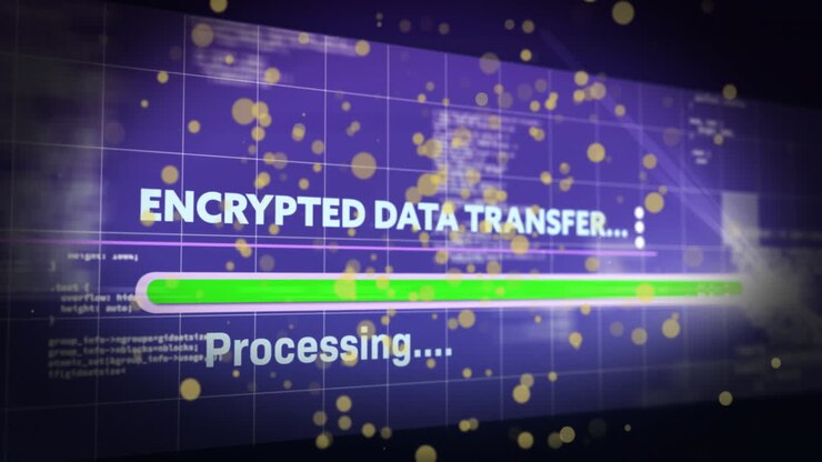 Transferring and processing encrypted data, animation over grid background with yellow particles