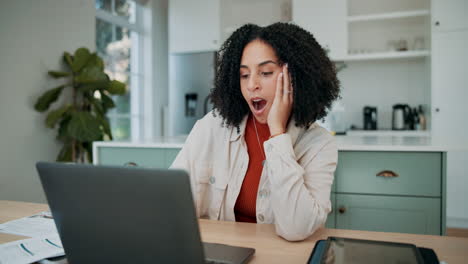 woman working from home looking surprised