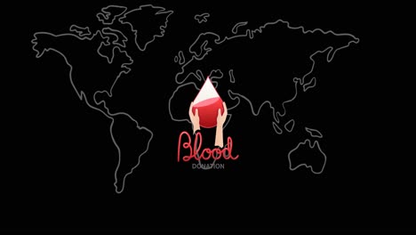 animación del icono de la donación de sangre y texto sobre el mapa del mundo